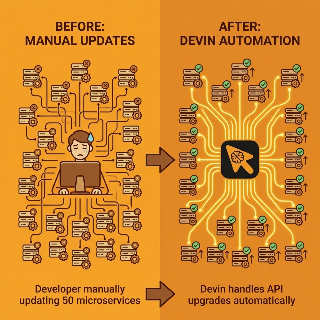 Before: developer manually updating many microservices. After: Devin handles API upgrades automatically